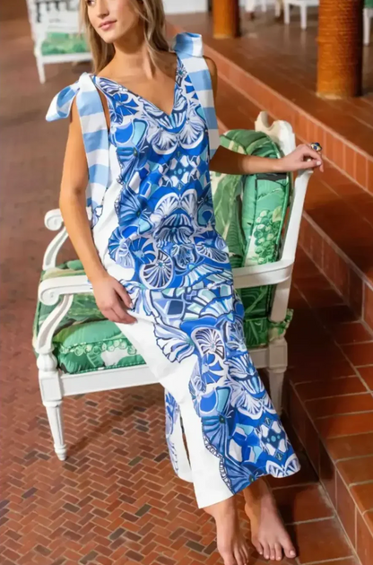 Sleeveless Printed Dress with Bow Tie Straps