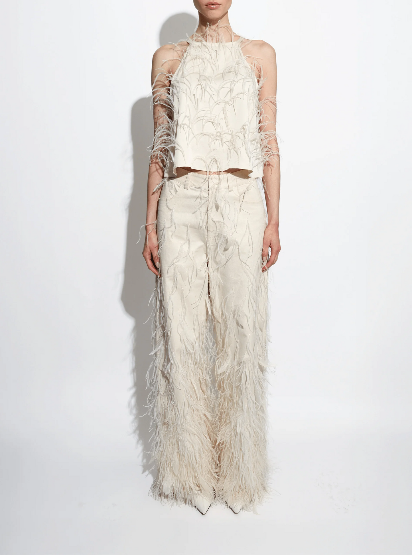Stretch Cotton Twill Slouchy Pants with Feathers