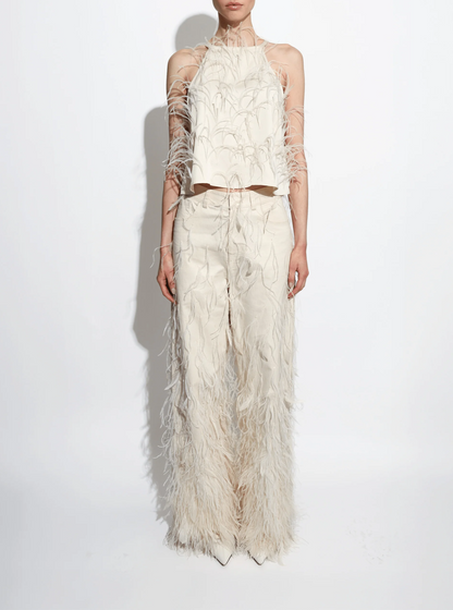 Stretch Cotton Twill Slouchy Pants with Feathers