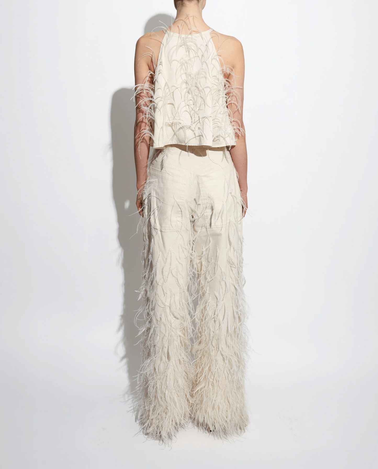 Stretch Cotton Twill Slouchy Pants with Feathers