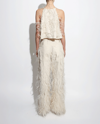 Stretch Cotton Twill Slouchy Pants with Feathers