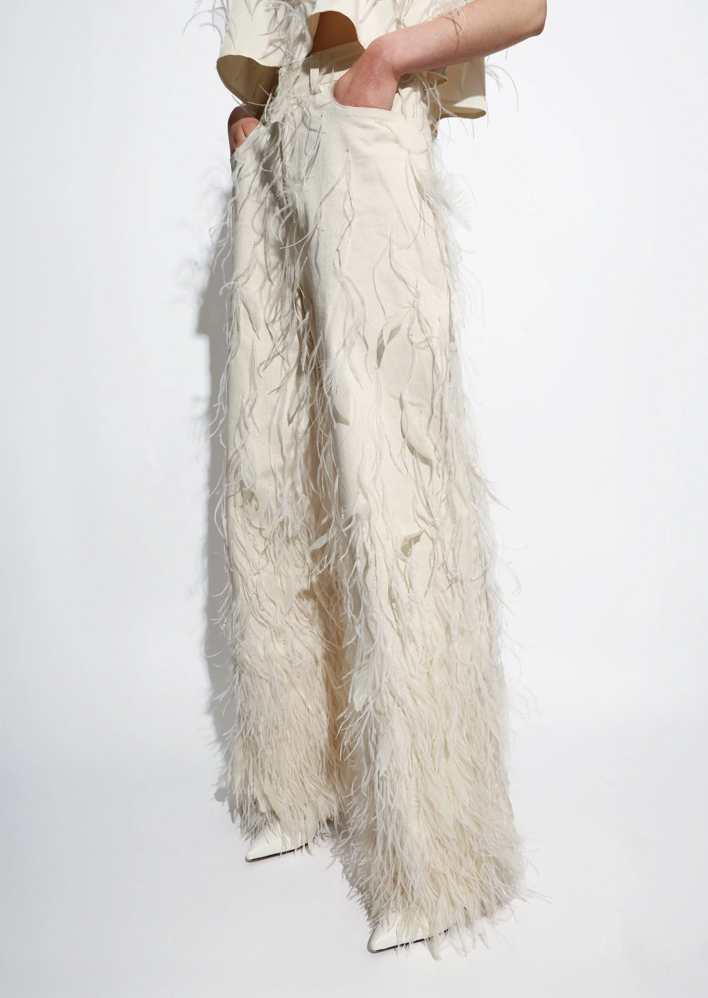 Stretch Cotton Twill Slouchy Pants with Feathers
