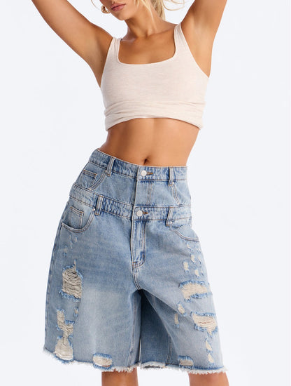 Double Waistband Ripped Denim Jorts