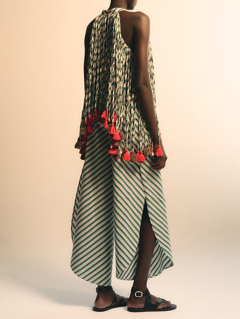 Striped tassel trim top+Striped Pants