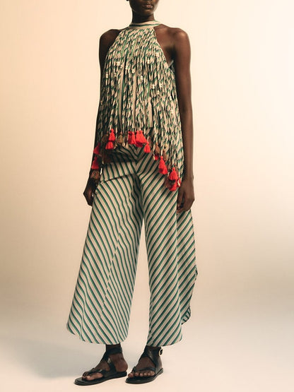 Striped tassel trim top+Striped Pants
