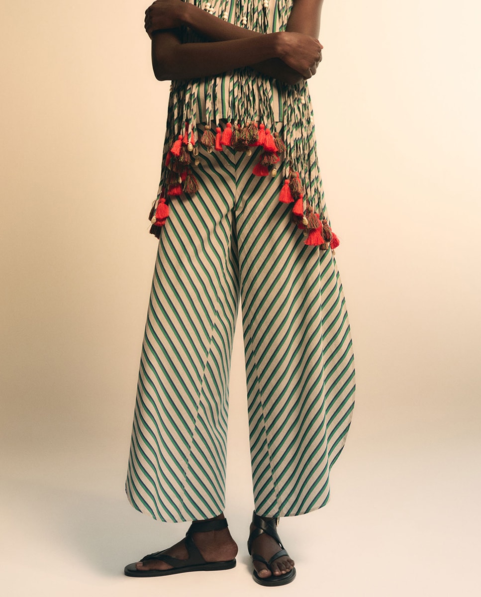 Striped tassel trim top+Striped Pants