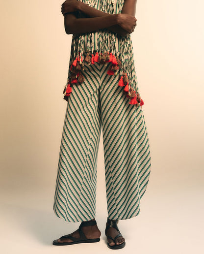 Striped tassel trim top+Striped Pants