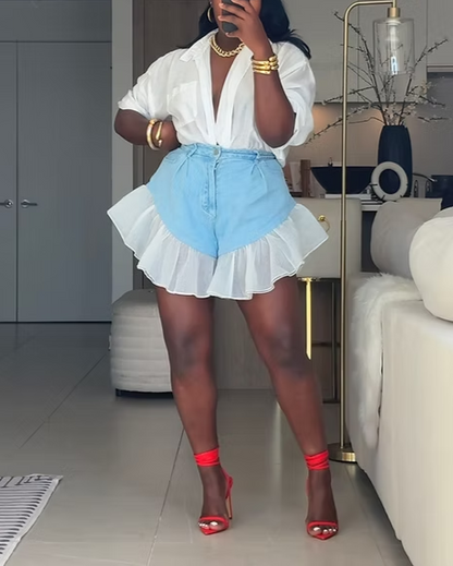 Frilled Denim Shorts