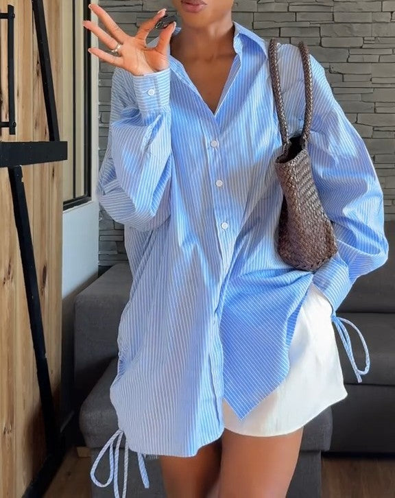 Blue Stripe Side Tie Shirt