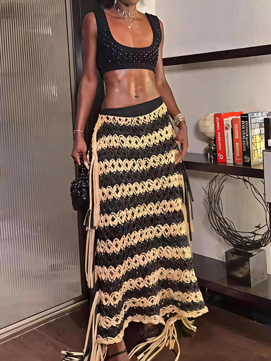 Knotted Fringe Striped  Maxi Skirt