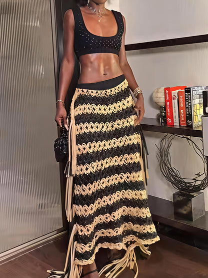 Knotted Fringe Striped  Maxi Skirt