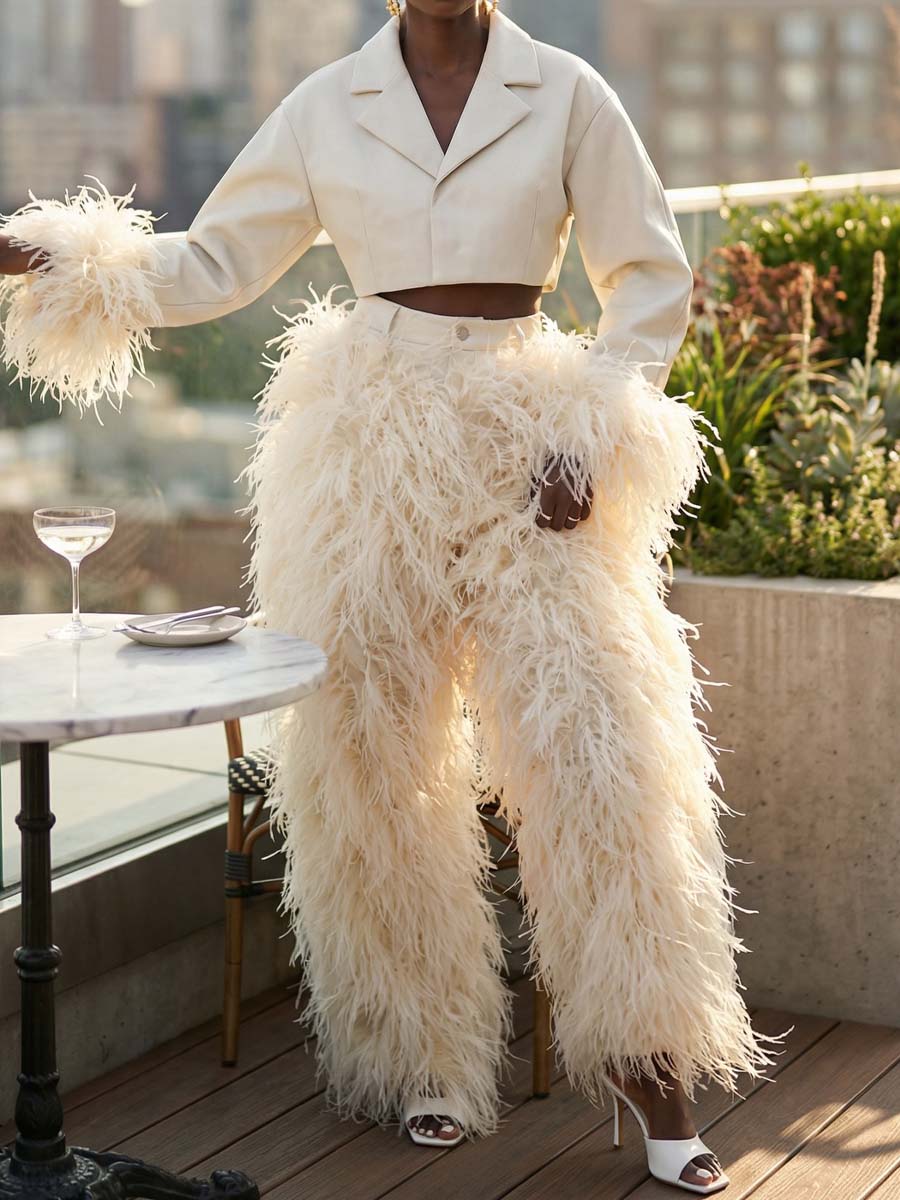 Feather Decoration Fashion Cropped Blazer & Pants