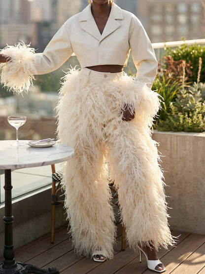Feather Decoration Fashion Cropped Blazer & Pants