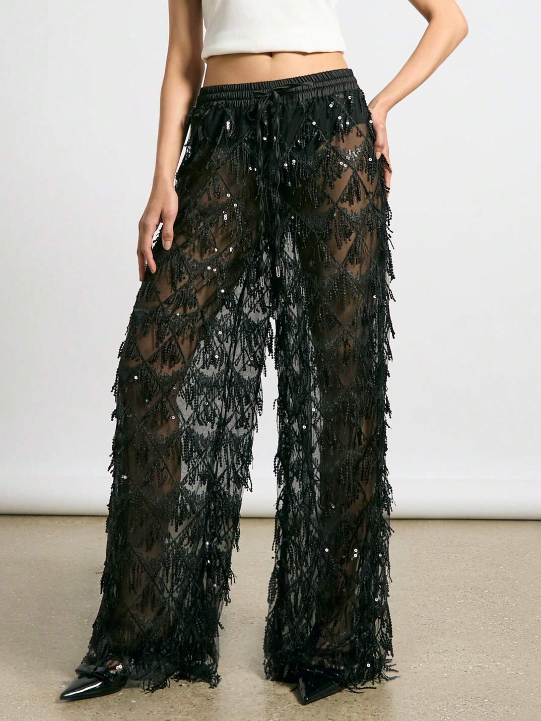 Sheer Sequin Embellished Wide Leg Pants