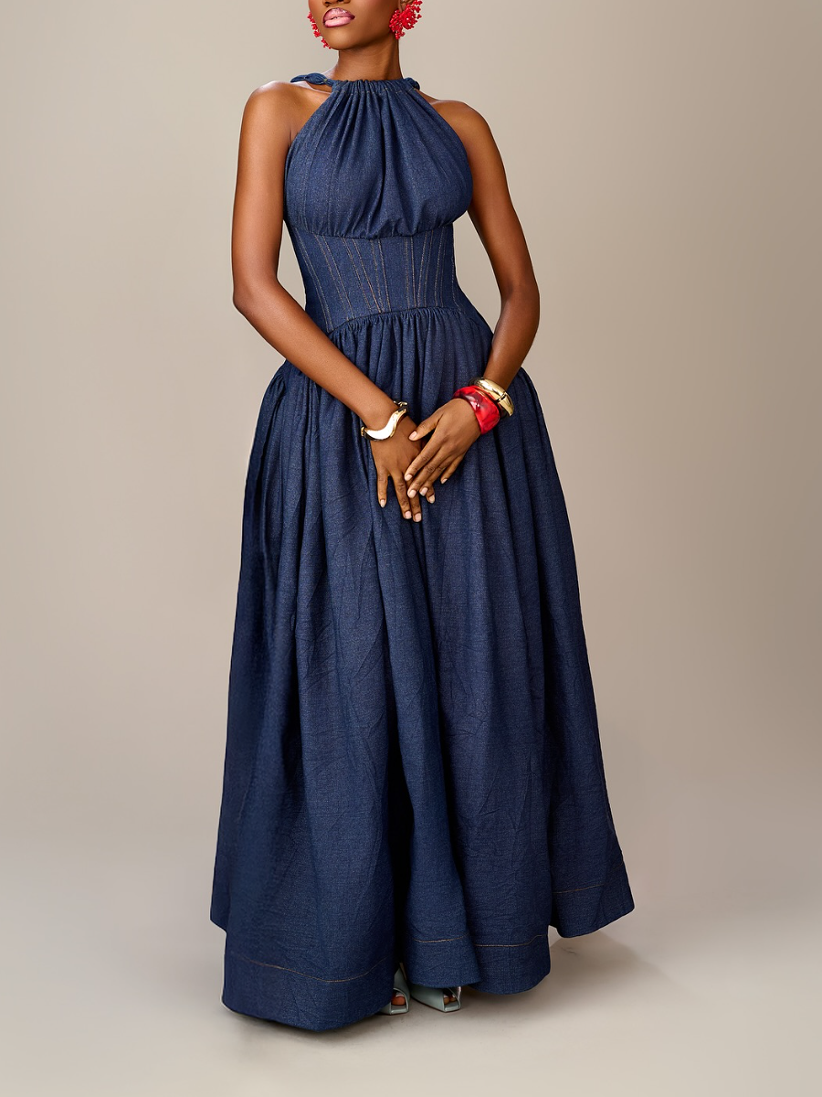 Waist-cinched strappy denim dress