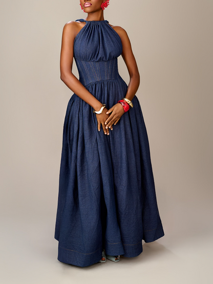 Waist-cinched strappy denim dress