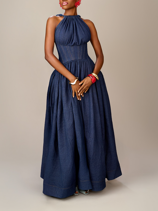 Waist-cinched strappy denim dress