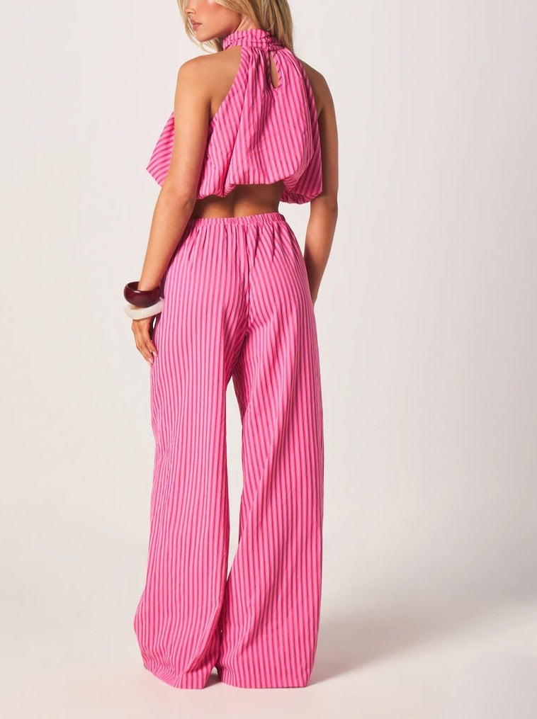 Striped Halter Crop Top +Wide Leg Trouser