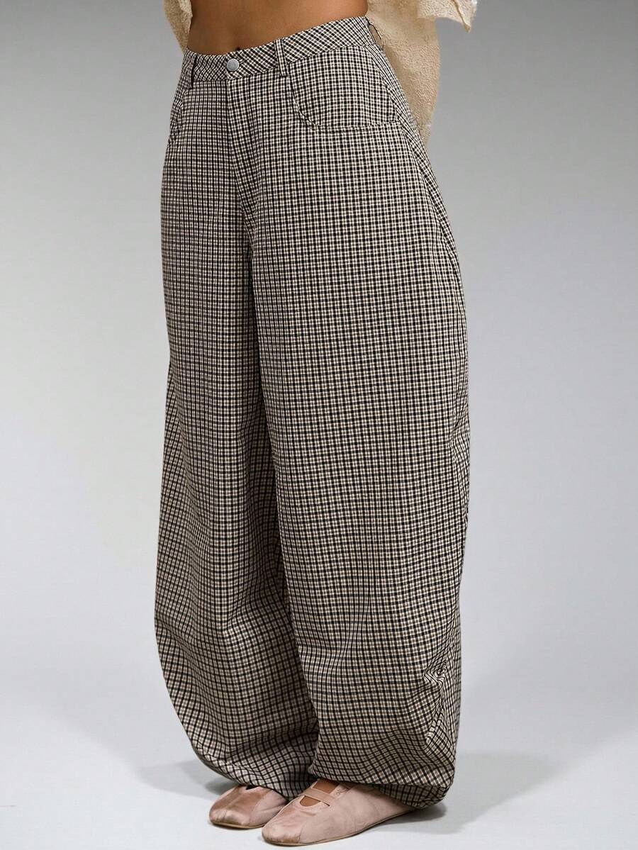 Gray Low Rise Baggy Barrell Fit Check Trousers