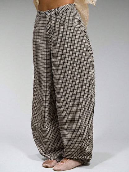 Gray Low Rise Baggy Barrell Fit Check Trousers