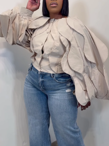 Wavy Oversize Wide Sleeve Ruffled Waist Top