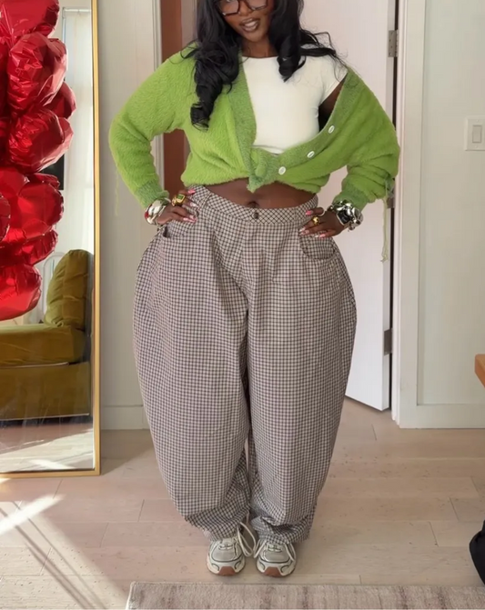 Gray Low Rise Baggy Barrell Fit Check Trousers