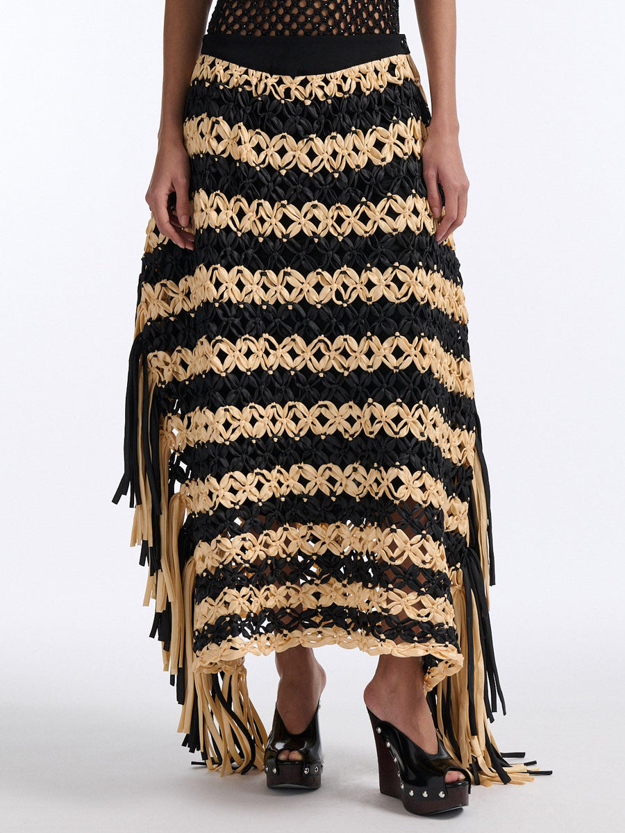 Knotted Fringe Striped  Maxi Skirt