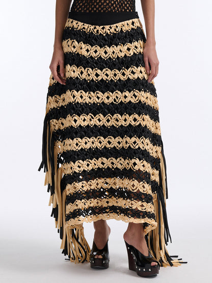 Knotted Fringe Striped  Maxi Skirt
