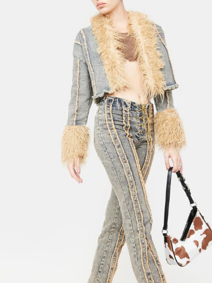Contrast Faux Fur-Trim Short Coat