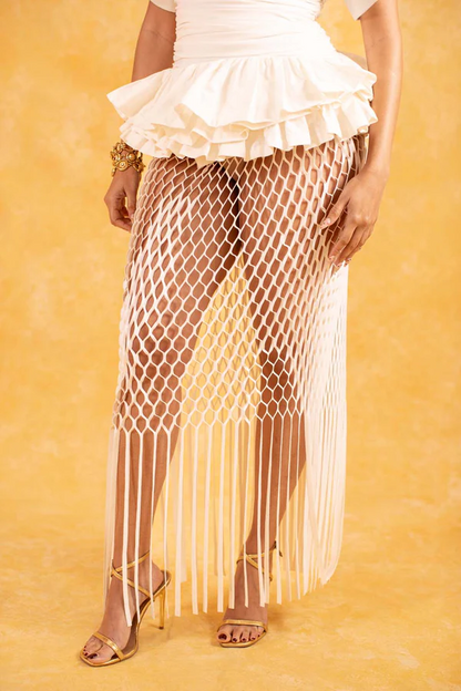 Plunge Ruched Layered Ruffle Cotton Top+Faux Suede Cut Skirt