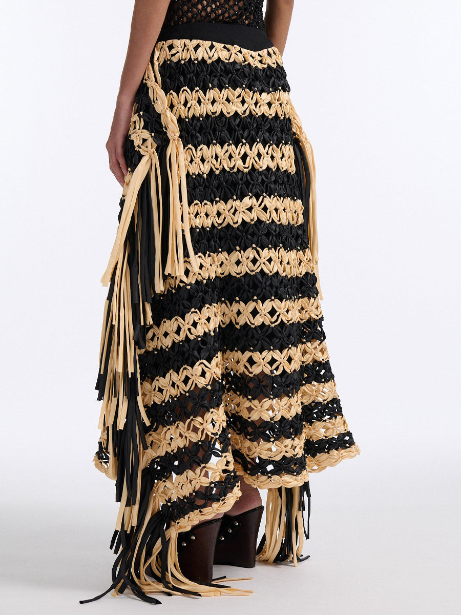 Knotted Fringe Striped  Maxi Skirt