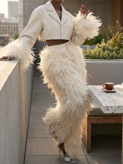 Feather Decoration Fashion Cropped Blazer & Pants