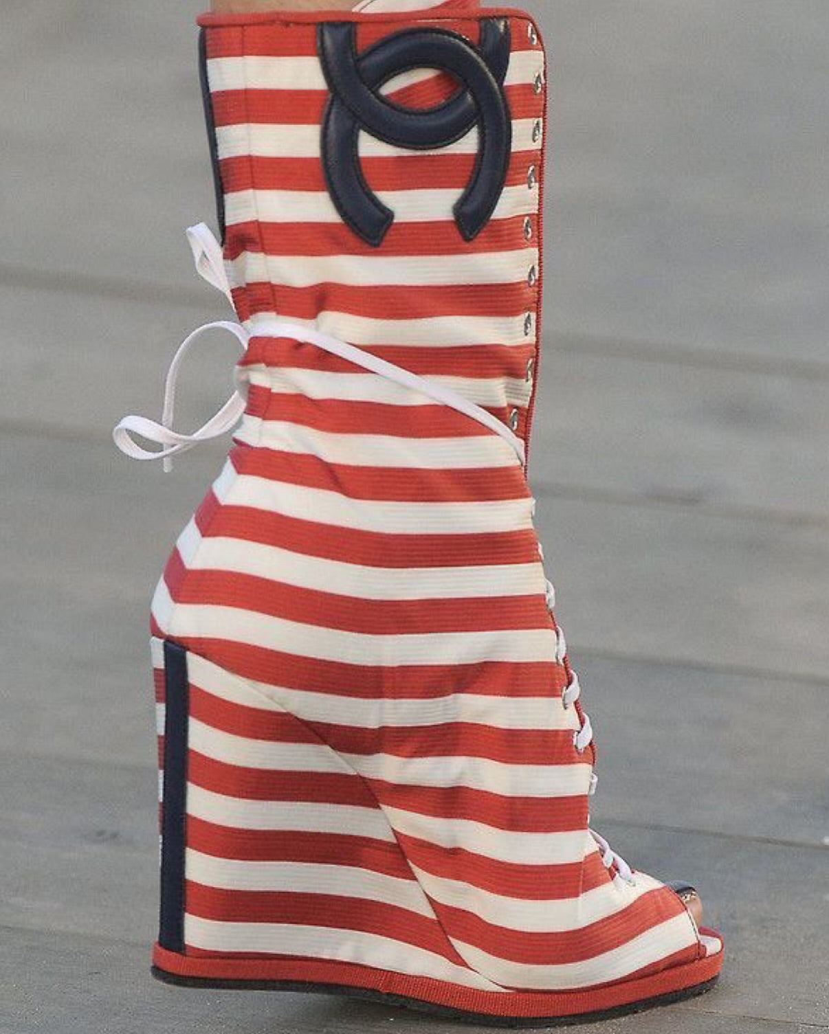 Striped Peep-Toe Wedge Boots