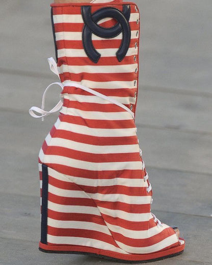 Striped Peep-Toe Wedge Boots