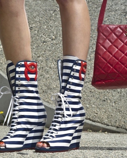 Striped Peep-Toe Wedge Boots