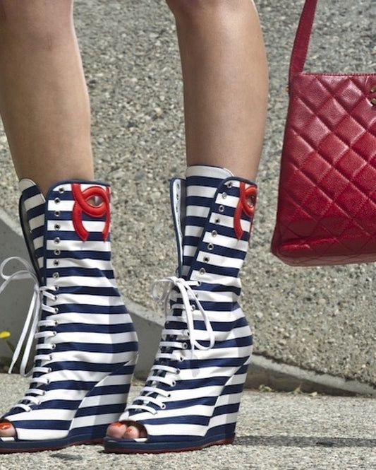 Striped Peep-Toe Wedge Boots