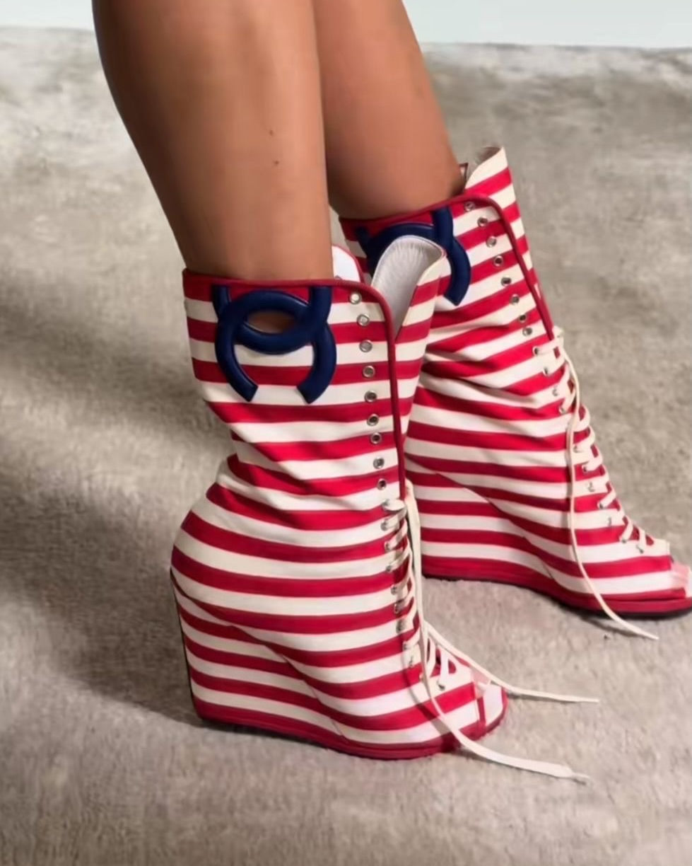 Striped Peep-Toe Wedge Boots