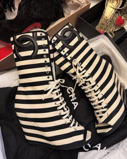 Striped Peep-Toe Wedge Boots