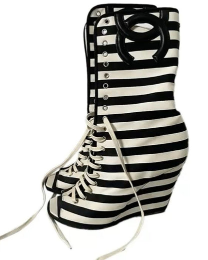 Striped Peep-Toe Wedge Boots