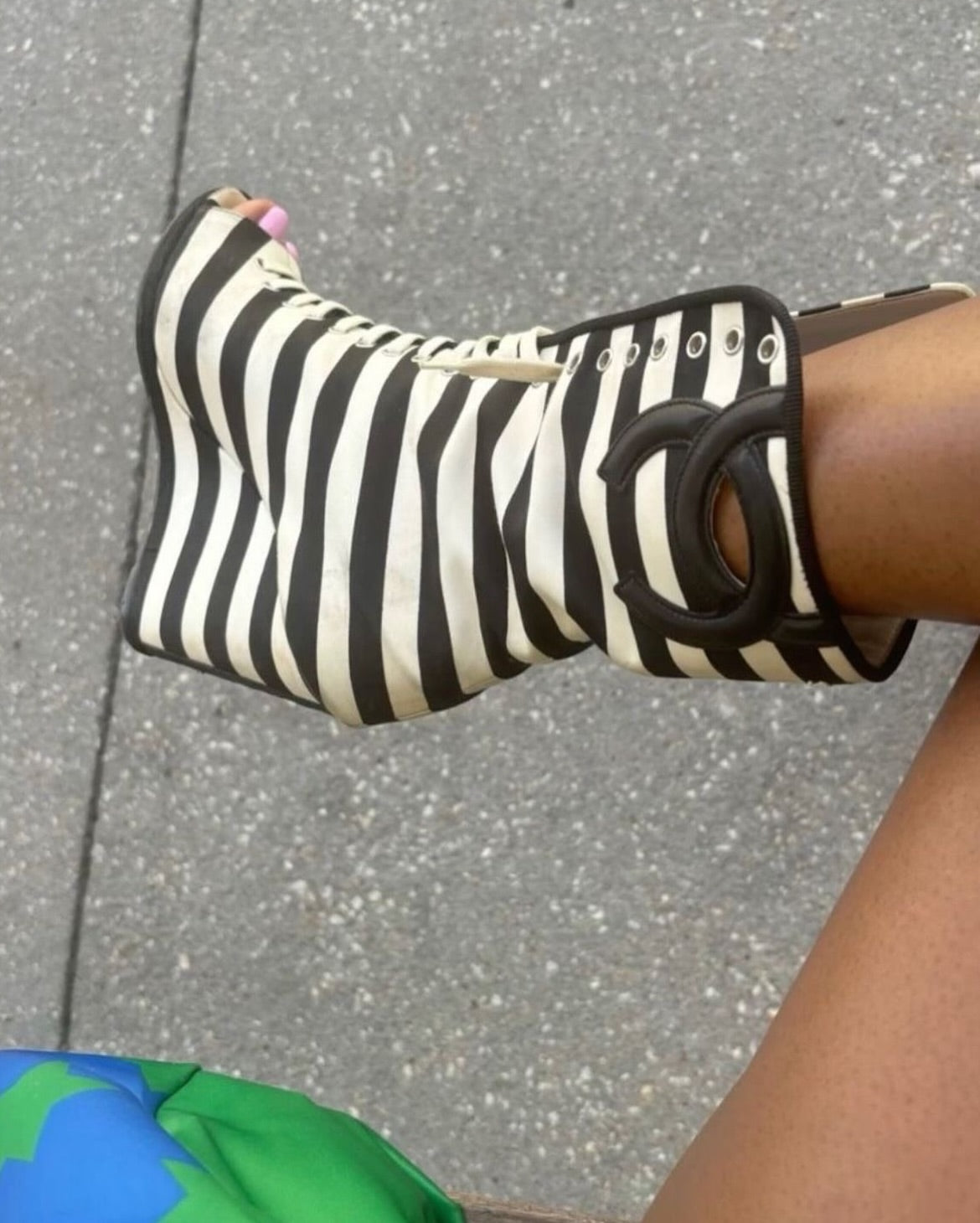 Striped Peep-Toe Wedge Boots