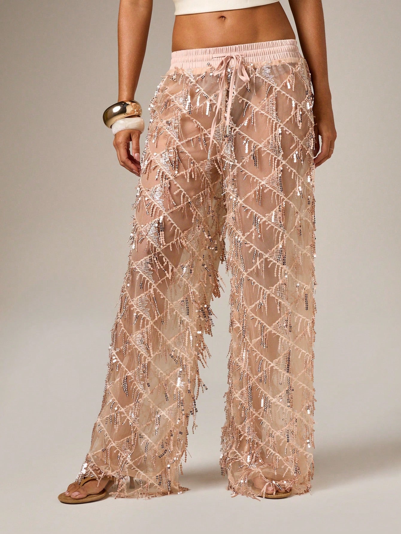 Sheer Sequin Embellished Wide Leg Pants