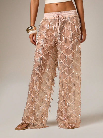 Sheer Sequin Embellished Wide Leg Pants