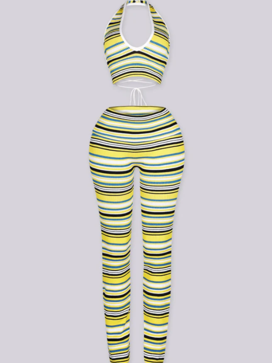 Striped Knit Top And Pants Suit