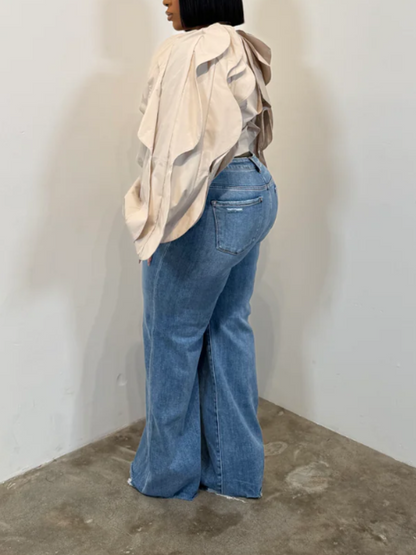 Wavy Oversize Wide Sleeve Ruffled Waist Top