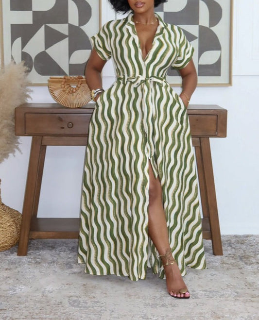 Green Striped Grace & Glam Maxi Dress
