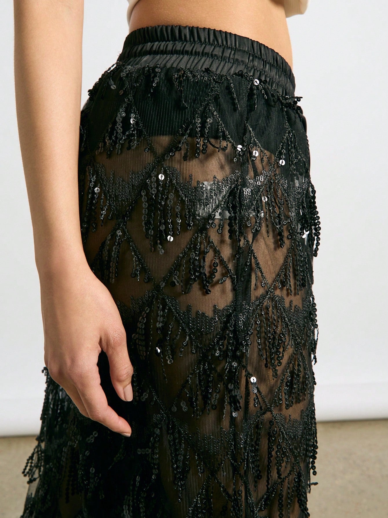 Sheer Sequin Embellished Wide Leg Pants