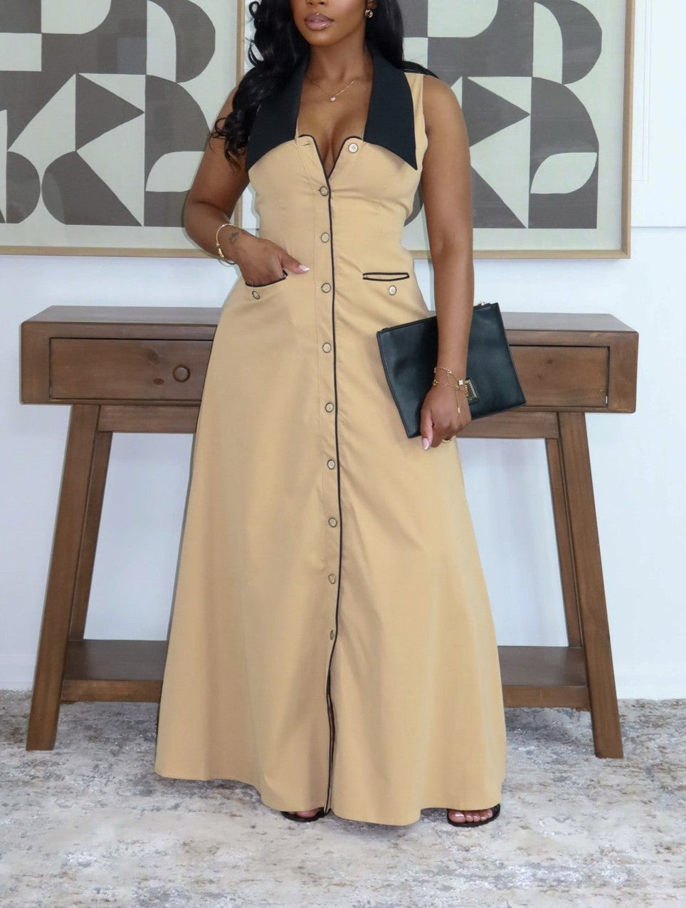 Chic Sleeveless Khaki Maxi Dress
