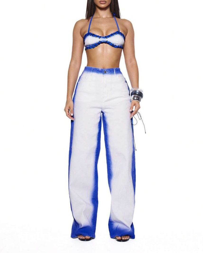 Contrast Washed Eyelet Denim Bralet Set