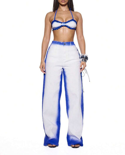 Contrast Washed Eyelet Denim Bralet Set
