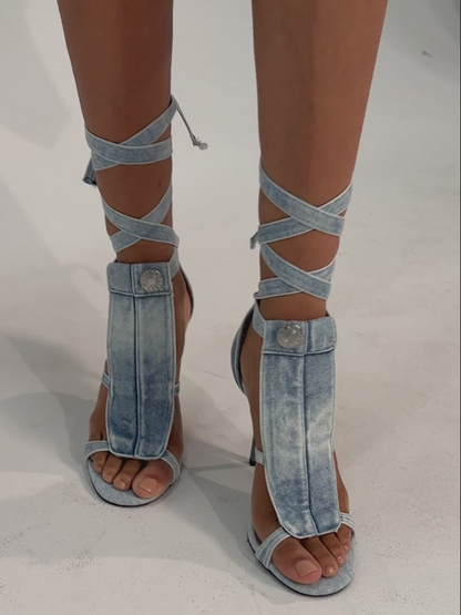 Denim Lace-Up Tare Sandals